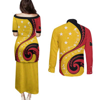 Papua New Guinea 50th Independence Anniversary Couples Matching Puletasi and Long Sleeve Button Shirt Special Style Yellow Version LT05 - Polynesian Pride