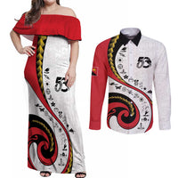 Papua New Guinea 50th Independence Anniversary Couples Matching Off Shoulder Maxi Dress and Long Sleeve Button Shirt Special Style White Version LT05 White - Polynesian Pride