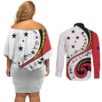 Papua New Guinea 50th Independence Anniversary Couples Matching Off Shoulder Short Dress and Long Sleeve Button Shirt Special Style White Version LT05 - Polynesian Pride