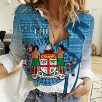 Personalized Fiji Women Casual Shirt Coat Of Arms Tagimoucia With Fijian Tapa Pattern LT05 Female Blue - Polynesian Pride