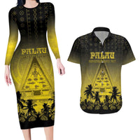 Personalised Palau Independence Day Couples Matching Long Sleeve Bodycon Dress and Hawaiian Shirt Palauan Tattoo Pattern - Polynesian Pride