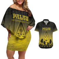Personalised Palau Independence Day Couples Matching Off Shoulder Short Dress and Hawaiian Shirt Palauan Tattoo Pattern - Polynesian Pride