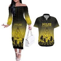 Personalised Palau Independence Day Couples Matching Off The Shoulder Long Sleeve Dress and Hawaiian Shirt Palauan Tattoo Pattern - Polynesian Pride