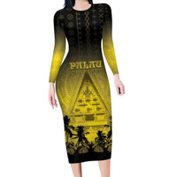 Personalised Palau Independence Day Long Sleeve Bodycon Dress Palauan Tattoo Pattern - Polynesian Pride