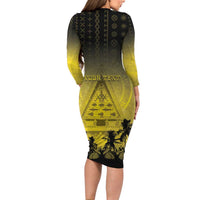 Personalised Palau Independence Day Long Sleeve Bodycon Dress Palauan Tattoo Pattern - Polynesian Pride