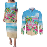 Hawaii Christmas Couples Matching Puletasi and Long Sleeve Button Shirt Deck The Palms Holiday Flamingos LT05 Blue - Polynesian Pride