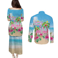 Hawaii Christmas Couples Matching Puletasi and Long Sleeve Button Shirt Deck The Palms Holiday Flamingos LT05 - Polynesian Pride