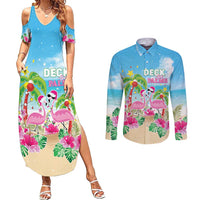 Hawaii Christmas Couples Matching Summer Maxi Dress and Long Sleeve Button Shirt Deck The Palms Holiday Flamingos LT05 Blue - Polynesian Pride