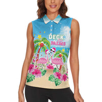 Hawaii Christmas Women Sleeveless Polo Shirt Deck The Palms Holiday Flamingos