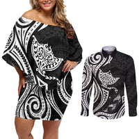 Hawaii Manta Ray Couples Matching Off Shoulder Short Dress and Long Sleeve Button Shirt Polynesian Art Tattoo LT05 Black - Polynesian Pride