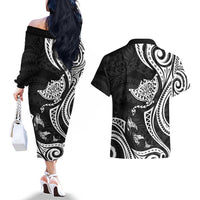 Hawaii Manta Ray Couples Matching Off The Shoulder Long Sleeve Dress and Hawaiian Shirt Polynesian Art Tattoo LT05 - Polynesian Pride
