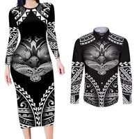 Hawaiian Hawk Couples Matching Long Sleeve Bodycon Dress and Long Sleeve Button Shirt Polynesian Pattern Style LT05 Black - Polynesian Pride