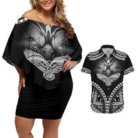 Hawaiian Hawk Couples Matching Off Shoulder Short Dress and Hawaiian Shirt Polynesian Pattern Style LT05 Black - Polynesian Pride