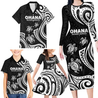 Hawaii Ohana Means Family Family Matching Long Sleeve Bodycon Dress and Hawaiian Shirt Sea Turtle Polynesian Style