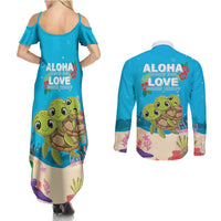 Ohana Hawaii Couples Matching Summer Maxi Dress and Long Sleeve Button Shirt Kawaii Family Turtle