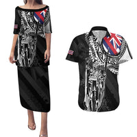 Hawaii King Flag Couples Matching Puletasi and Hawaiian Shirt Hawaiian Maile Lei LT05 Black - Polynesian Pride