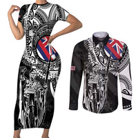 Hawaii King Flag Couples Matching Short Sleeve Bodycon Dress and Long Sleeve Button Shirt Hawaiian Maile Lei LT05 Black - Polynesian Pride
