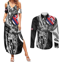 Hawaii King Flag Couples Matching Summer Maxi Dress and Long Sleeve Button Shirt Hawaiian Maile Lei LT05 Black - Polynesian Pride