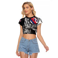 Hawaii King Flag Raglan Cropped T Shirt Hawaiian Maile Lei LT05 Female Black - Polynesian Pride
