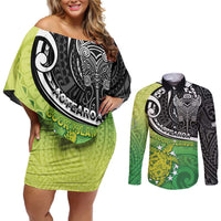 Custom New Zealand Cook Islands Couples Matching Off Shoulder Short Dress and Long Sleeve Button Shirt Maori Tiki With Circle Stars Turtle - Polynesian Pride