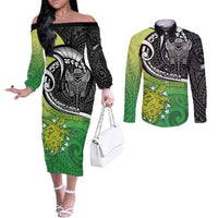 Custom New Zealand Cook Islands Couples Matching Off The Shoulder Long Sleeve Dress and Long Sleeve Button Shirt Maori Tiki With Circle Stars Turtle - Polynesian Pride