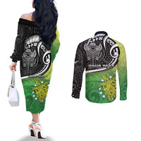 Custom New Zealand Cook Islands Couples Matching Off The Shoulder Long Sleeve Dress and Long Sleeve Button Shirt Maori Tiki With Circle Stars Turtle - Polynesian Pride