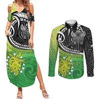 Custom New Zealand Cook Islands Couples Matching Summer Maxi Dress and Long Sleeve Button Shirt Maori Tiki With Circle Stars Turtle - Polynesian Pride
