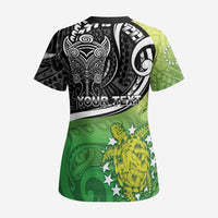 Custom New Zealand Cook Islands Scrub Top Maori Tiki With Circle Stars Turtle - Polynesian Pride