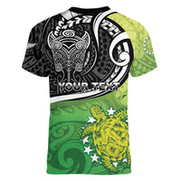 Custom New Zealand Cook Islands Women V-Neck T-Shirt Maori Tiki With Circle Stars Turtle - Polynesian Pride