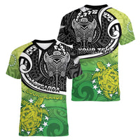 Custom New Zealand Cook Islands Women V-Neck T-Shirt Maori Tiki With Circle Stars Turtle - Polynesian Pride