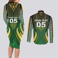 Custom Cook Islands Rugby Couples Matching Long Sleeve Bodycon Dress and Long Sleeve Button Shirt Unique Style Green Version - Polynesian Pride