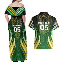 Custom Cook Islands Rugby Couples Matching Off Shoulder Maxi Dress and Hawaiian Shirt Unique Style Green Version LT05 - Polynesian Pride
