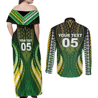 Custom Cook Islands Rugby Couples Matching Off Shoulder Maxi Dress and Long Sleeve Button Shirt Unique Style Green Version - Polynesian Pride