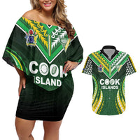 Custom Cook Islands Rugby Couples Matching Off Shoulder Short Dress and Hawaiian Shirt Unique Style Green Version - Polynesian Pride