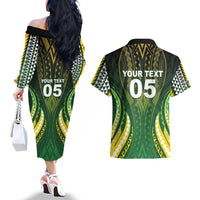 Custom Cook Islands Rugby Couples Matching Off The Shoulder Long Sleeve Dress and Hawaiian Shirt Unique Style Green Version LT05 - Polynesian Pride