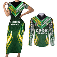 Custom Cook Islands Rugby Couples Matching Short Sleeve Bodycon Dress and Long Sleeve Button Shirt Unique Style Green Version - Polynesian Pride