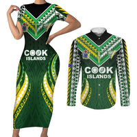Custom Cook Islands Rugby Couples Matching Short Sleeve Bodycon Dress and Long Sleeve Button Shirt Unique Style Green Version LT05 Green - Polynesian Pride