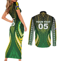 Custom Cook Islands Rugby Couples Matching Short Sleeve Bodycon Dress and Long Sleeve Button Shirt Unique Style Green Version LT05 - Polynesian Pride