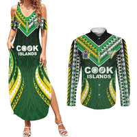 Custom Cook Islands Rugby Couples Matching Summer Maxi Dress and Long Sleeve Button Shirt Unique Style Green Version LT05 Green - Polynesian Pride
