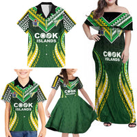 Custom Cook Islands Rugby Family Matching Off Shoulder Maxi Dress and Hawaiian Shirt Unique Style Green Version - Polynesian Pride