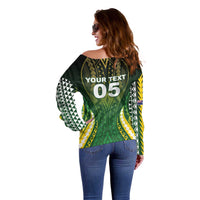 Custom Cook Islands Rugby Off Shoulder Sweater Unique Style Green Version - Polynesian Pride