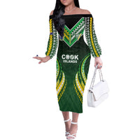 Custom Cook Islands Rugby Off The Shoulder Long Sleeve Dress Unique Style Green Version - Polynesian Pride