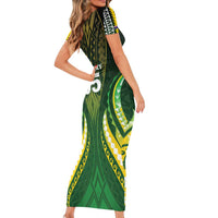 Custom Cook Islands Rugby Short Sleeve Bodycon Dress Unique Style Green Version - Polynesian Pride