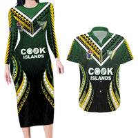 Custom Cook Islands Rugby Couples Matching Long Sleeve Bodycon Dress and Hawaiian Shirt Unique Style Black Version - Polynesian Pride