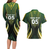 Custom Cook Islands Rugby Couples Matching Long Sleeve Bodycon Dress and Hawaiian Shirt Unique Style Black Version LT05 - Polynesian Pride