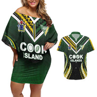 Custom Cook Islands Rugby Couples Matching Off Shoulder Short Dress and Hawaiian Shirt Unique Style Black Version LT05 Black - Polynesian Pride