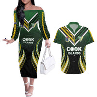 Custom Cook Islands Rugby Couples Matching Off The Shoulder Long Sleeve Dress and Hawaiian Shirt Unique Style Black Version - Polynesian Pride