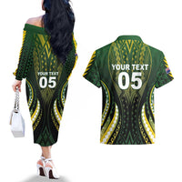 Custom Cook Islands Rugby Couples Matching Off The Shoulder Long Sleeve Dress and Hawaiian Shirt Unique Style Black Version LT05 - Polynesian Pride