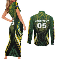 Custom Cook Islands Rugby Couples Matching Short Sleeve Bodycon Dress and Long Sleeve Button Shirt Unique Style Black Version LT05 - Polynesian Pride