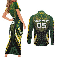 Custom Cook Islands Rugby Couples Matching Short Sleeve Bodycon Dress and Long Sleeve Button Shirt Unique Style Black Version - Polynesian Pride